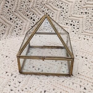 Vintage Brass Glass Pyramid Terrarium Jewelry Box Geometric Display Case 6x5x5